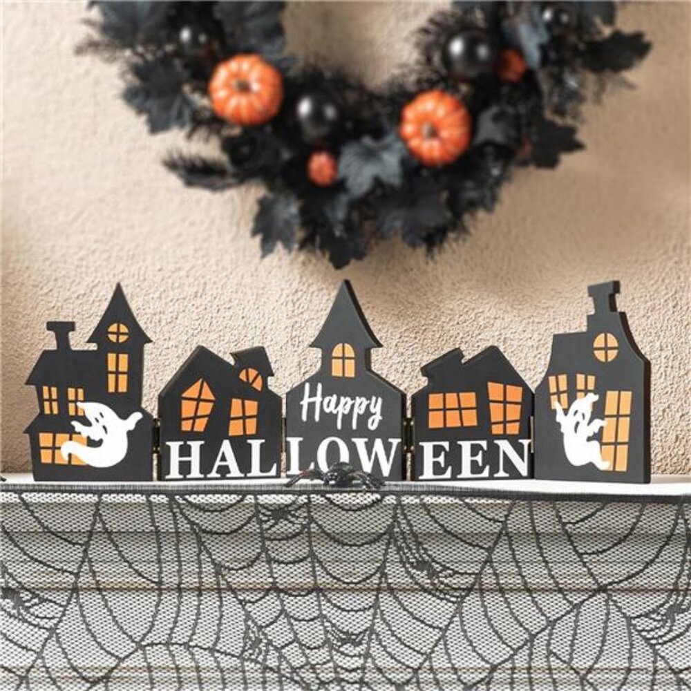 25"L Halloween Wooden Table Signs Plaques Hinged Haunted House